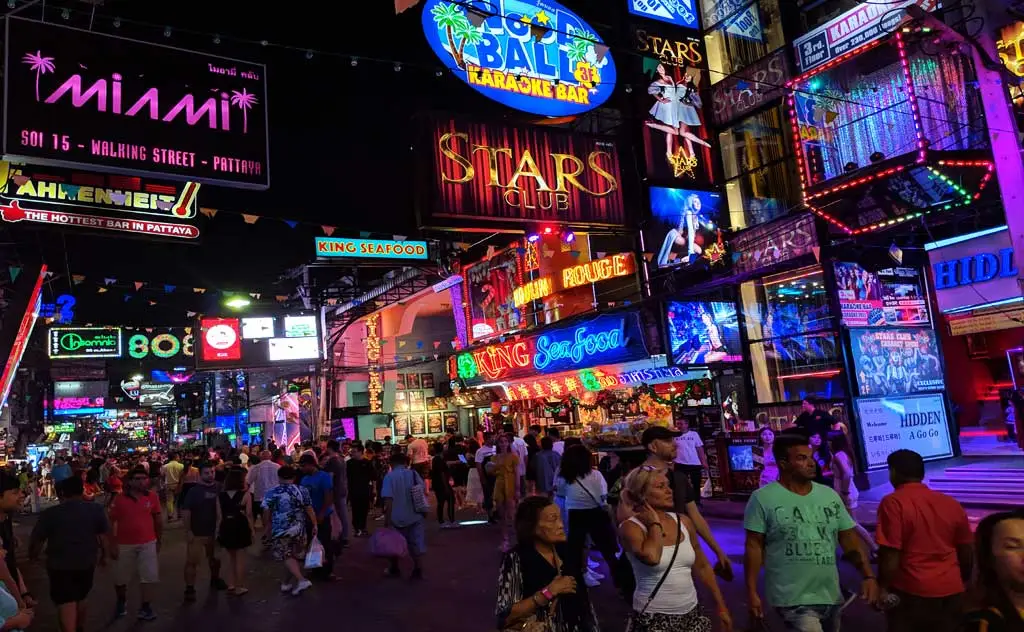 Neon-lit nightlife strip on Walking Street in Pattaya at night